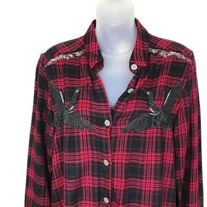 The Kooples Black & Red Plaid Button Down Shirt With Studs & Bead Work Size XXS